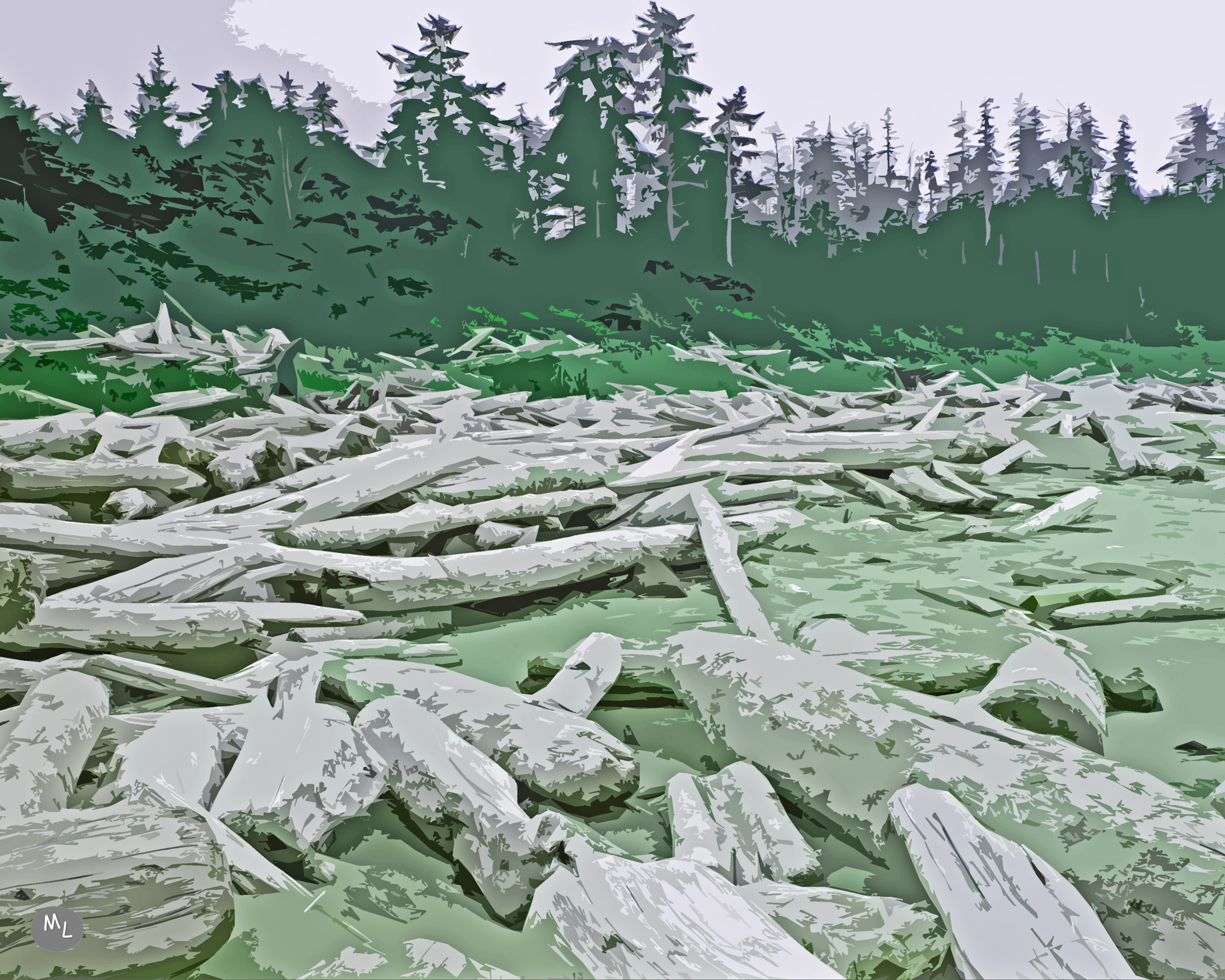 Long Beach Logs — 16 x 20 manipulated photo art by Mike Lisagor